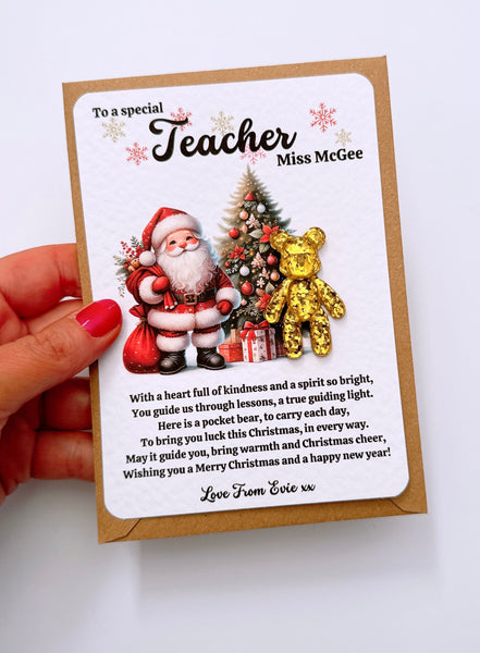 Personalised Christmas Teacher Lucky Gold Bear