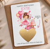 Personalised Scratch-to-Reveal Card! This birthday card features a scratch-off love heart that hides your chosen gift or message beneath. The card is personalised with the recipient’s name and who it is from. Just scratch the heart to unveil the surprise. This is a great gift for any present that cannot be wrapped. Ideal for any recipient, Daughter, Granddaughter, Niece etc